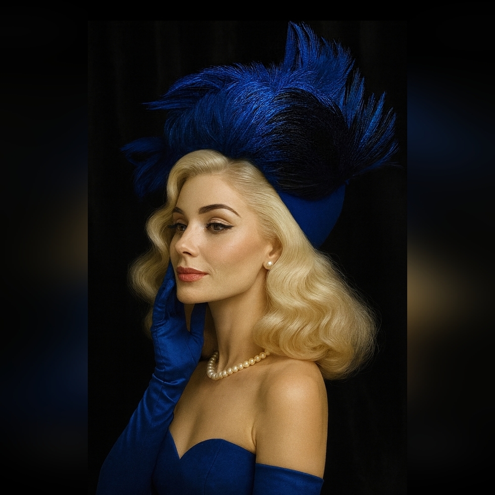 MR. JOHN 1950s Wool Couture Hat Blue Feather Fascinator Vintage Old Hollywood
